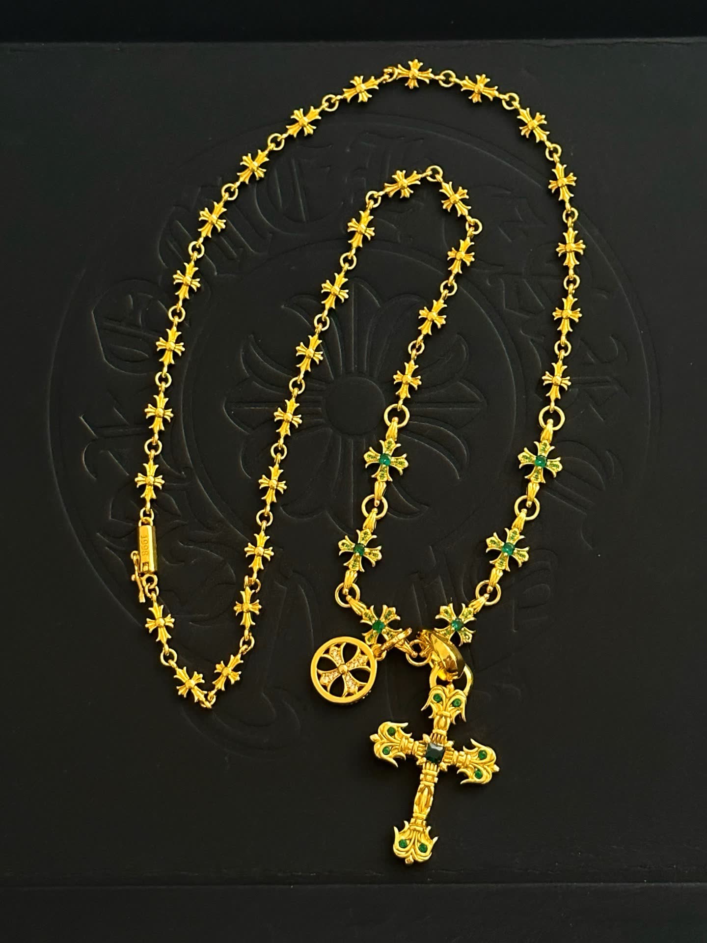 Chrome Hearts Gold Cross Pendant Necklace with Emerald Accents